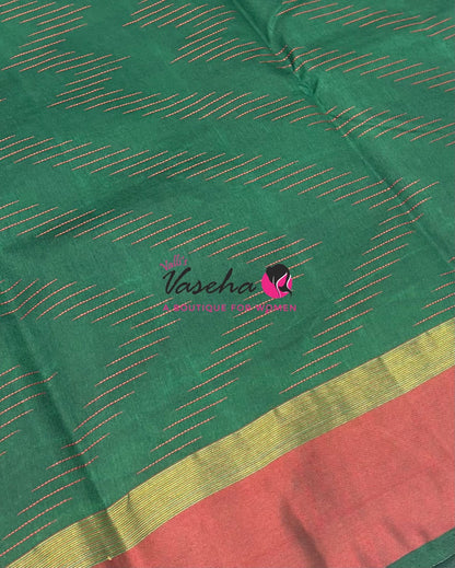 Semi Silk Saree - Thread Work Weaving - Green With Maroon - VVSSS0038