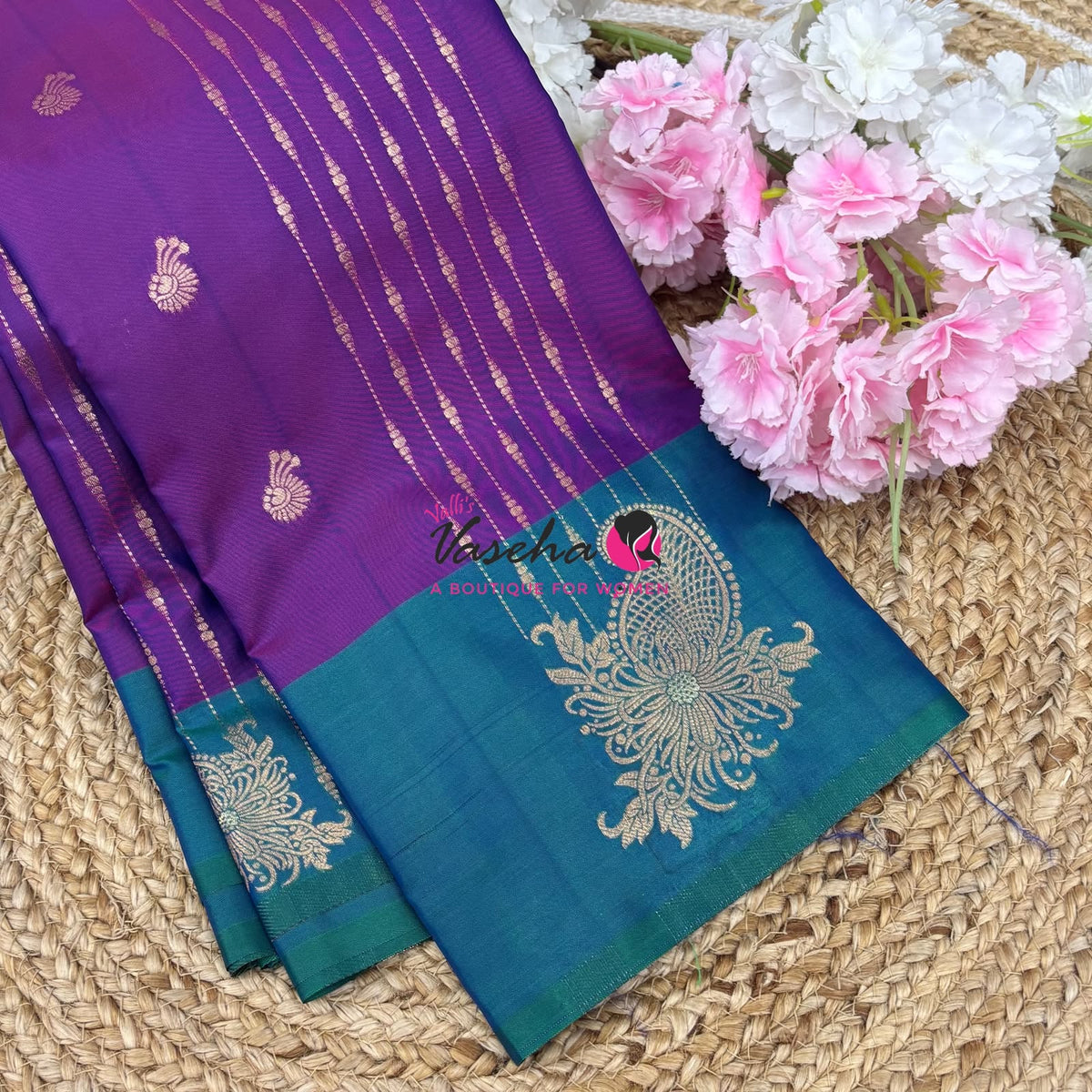 Semi Soft Silk - Purple With Peacock Greenish Blue Combo -VVSSS039