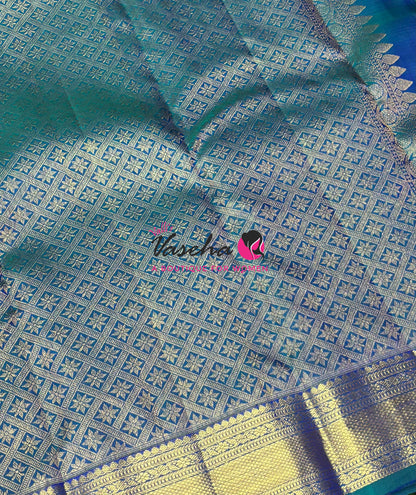 Pure Kanchipuram Silk Saree - Purplish Pink With Peacock Blue - VVPS088