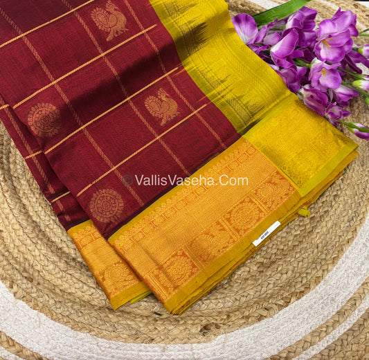 Pure Silk Cotton Saree - Mayil & Chakkaram Design - Maroon With Lemon Green Shade - VVMC001