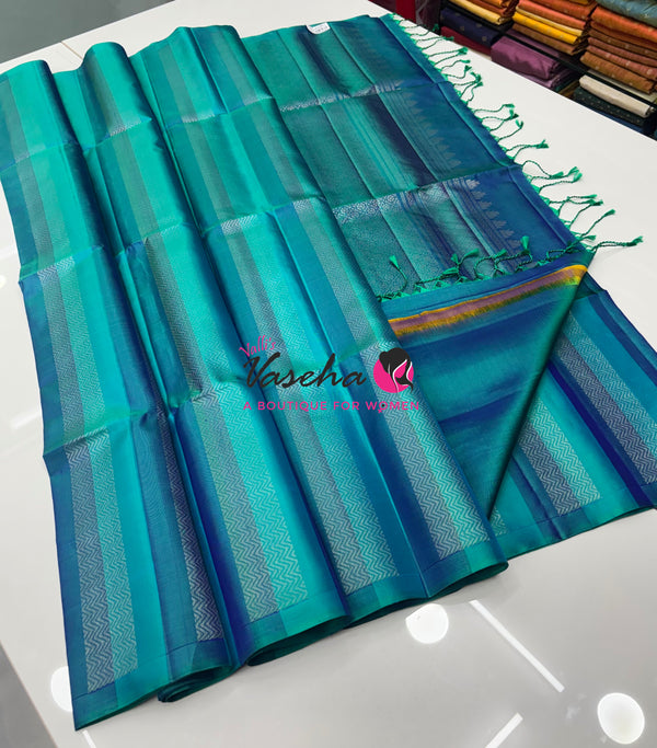 Pure Soft Silk Saree - Border Less  - Sea Blue & Peacock Blue Shade - VVPSS068