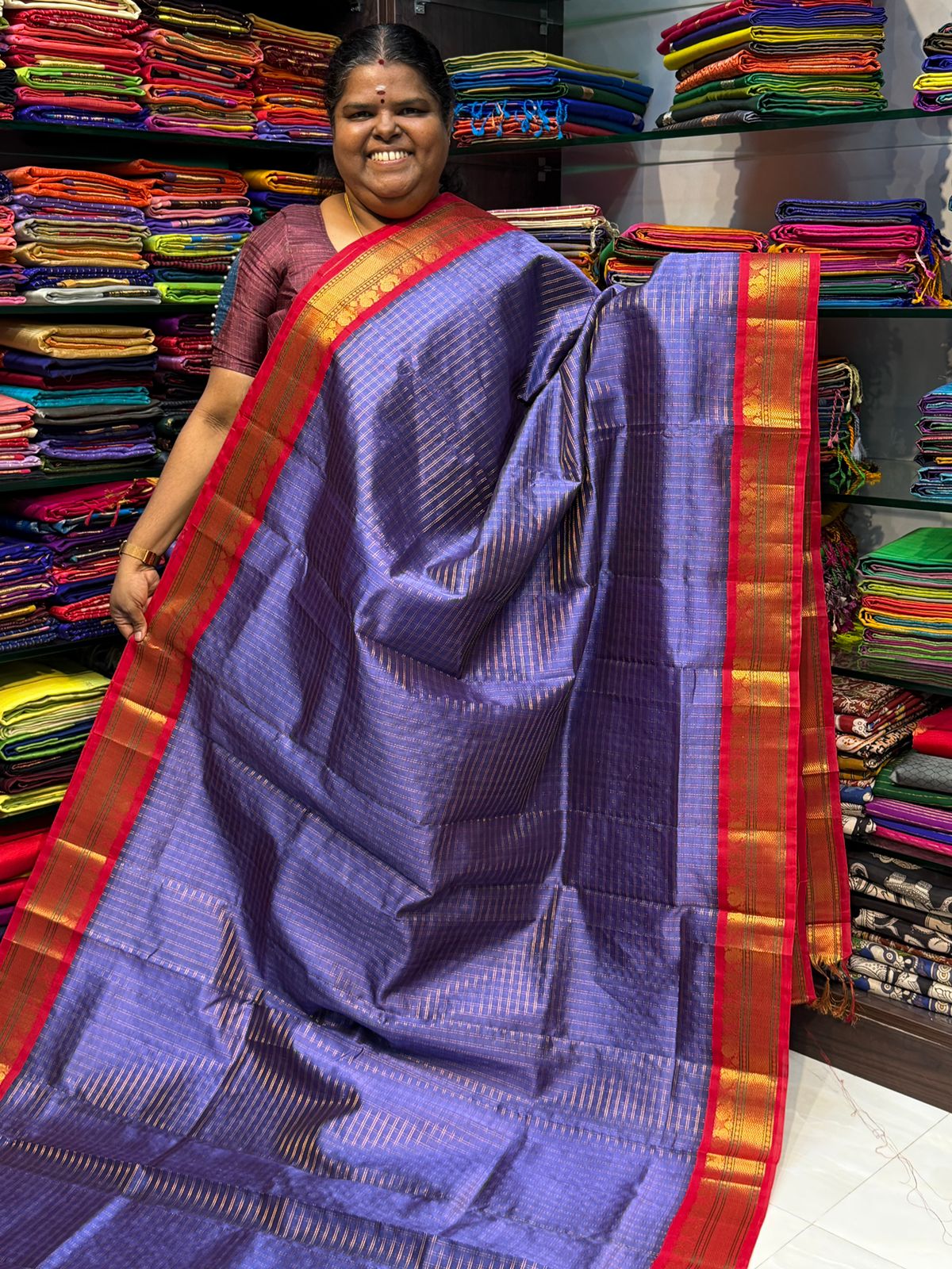 Pure Korvai Silk Cotton - Dark Lavender& Red Combo - VVKSC010