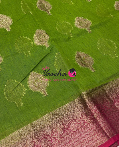 Bamboo Silk Saree - Green With Pink - VVBSS019