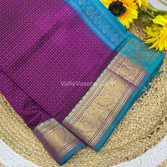 Pure Silk Cotton Saree - Purple Brown with Teal Blue - Lakshadeepam Design - VVPLD001