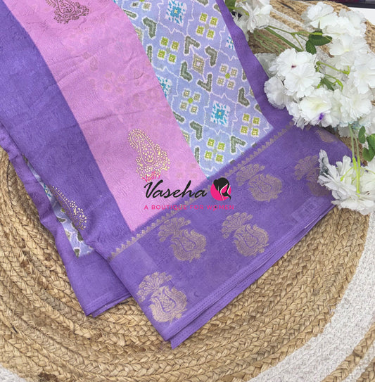 Semi Dola Silk - Embossed & Pochampally Design - Pink & Lavender Shade - VVSDS006