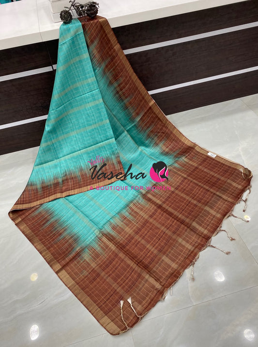Semi Art Tussar Silk  / Art Silk - Green & Brown  - VVATS007