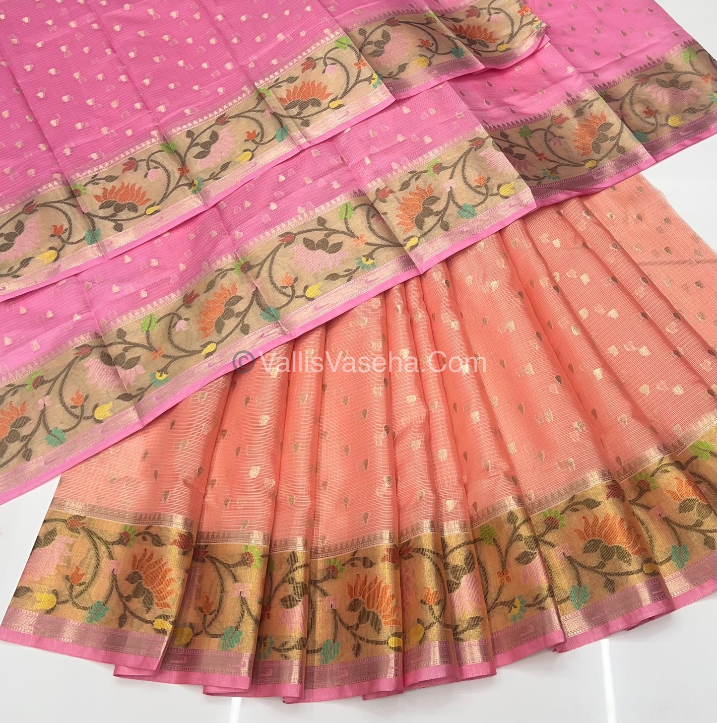 Unstitched - Lehenga Material - Zari Kota Tissue - Peach & Pink- VVULM001