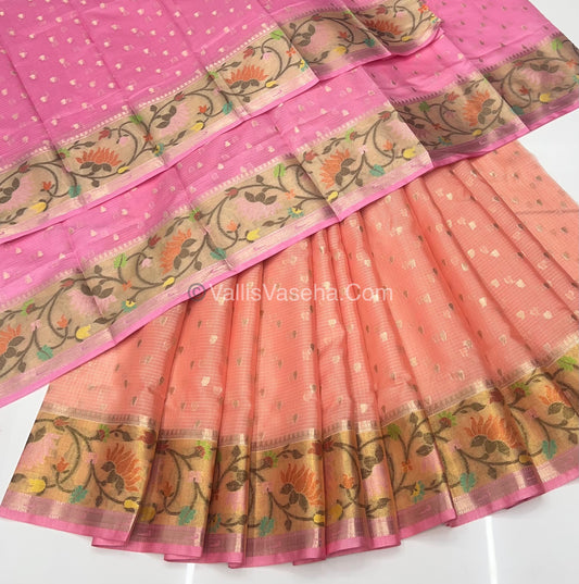 Unstitched - Lehenga Material - Zari Kota Tissue - Peach & Pink- VVULM001