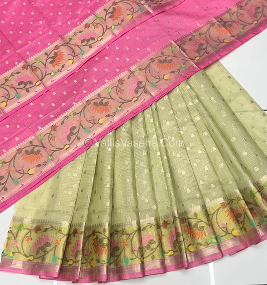 Unstitched - Lehenga Material - Zari Kota Tissue - Pista Green & Pink - VVULM001