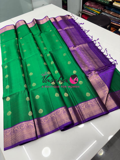 Pure Soft Silk Saree - Kanchi Border - Green & Purple Combo - VVPSS046