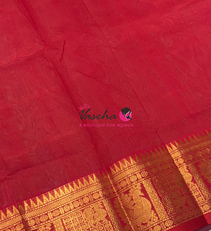 Pure Silk Cotton Saree - Mayil & Chakkaram Design - Dual Tone Green & Red Shade  -VVMC003
