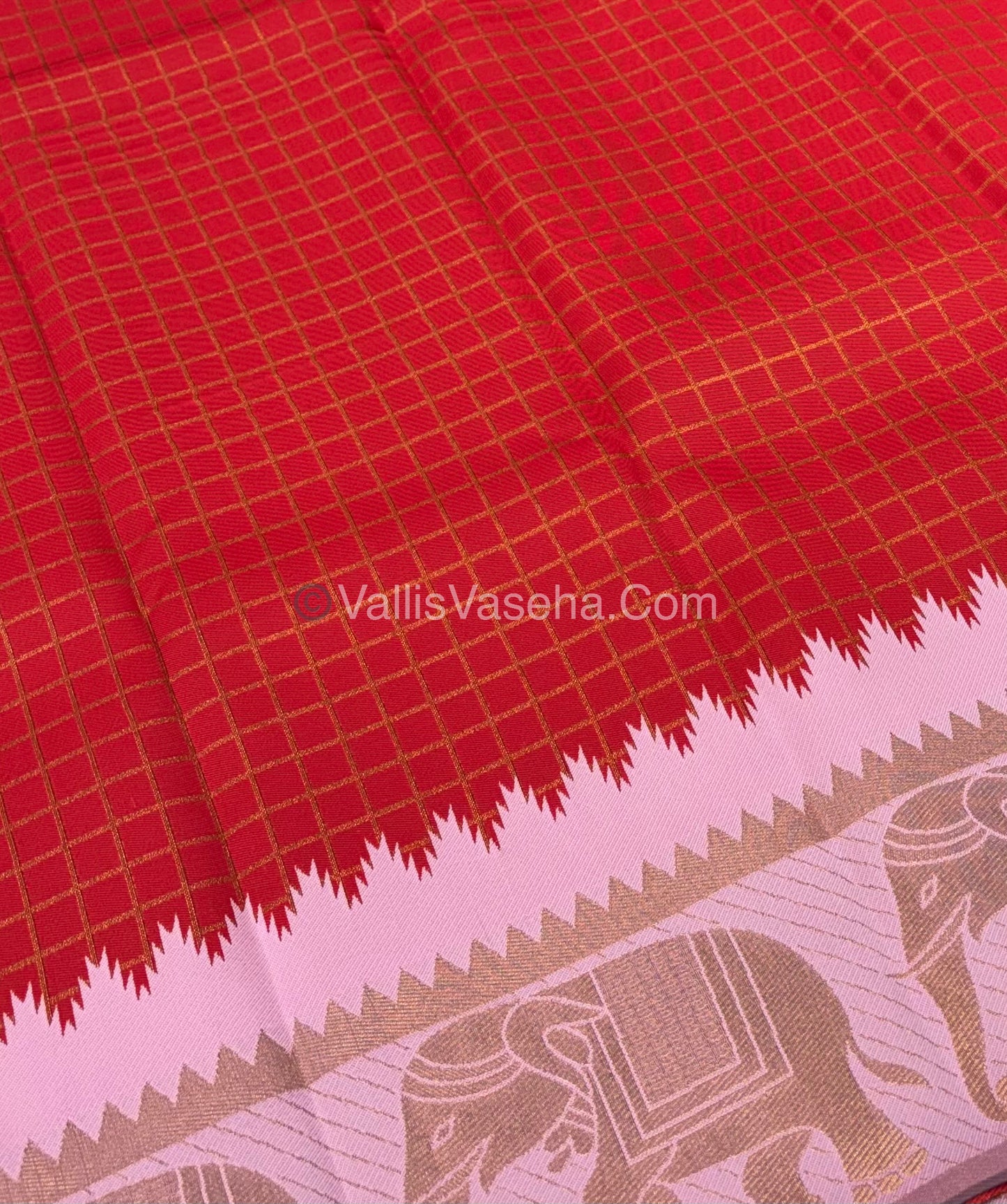Semi Silk Saree - Kanchi Silk Style - Elephant Border - Red with Pink - VVSSS005