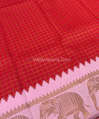 Semi Silk Saree - Kanchi Silk Style - Elephant Border - Red with Pink - VVSSS005