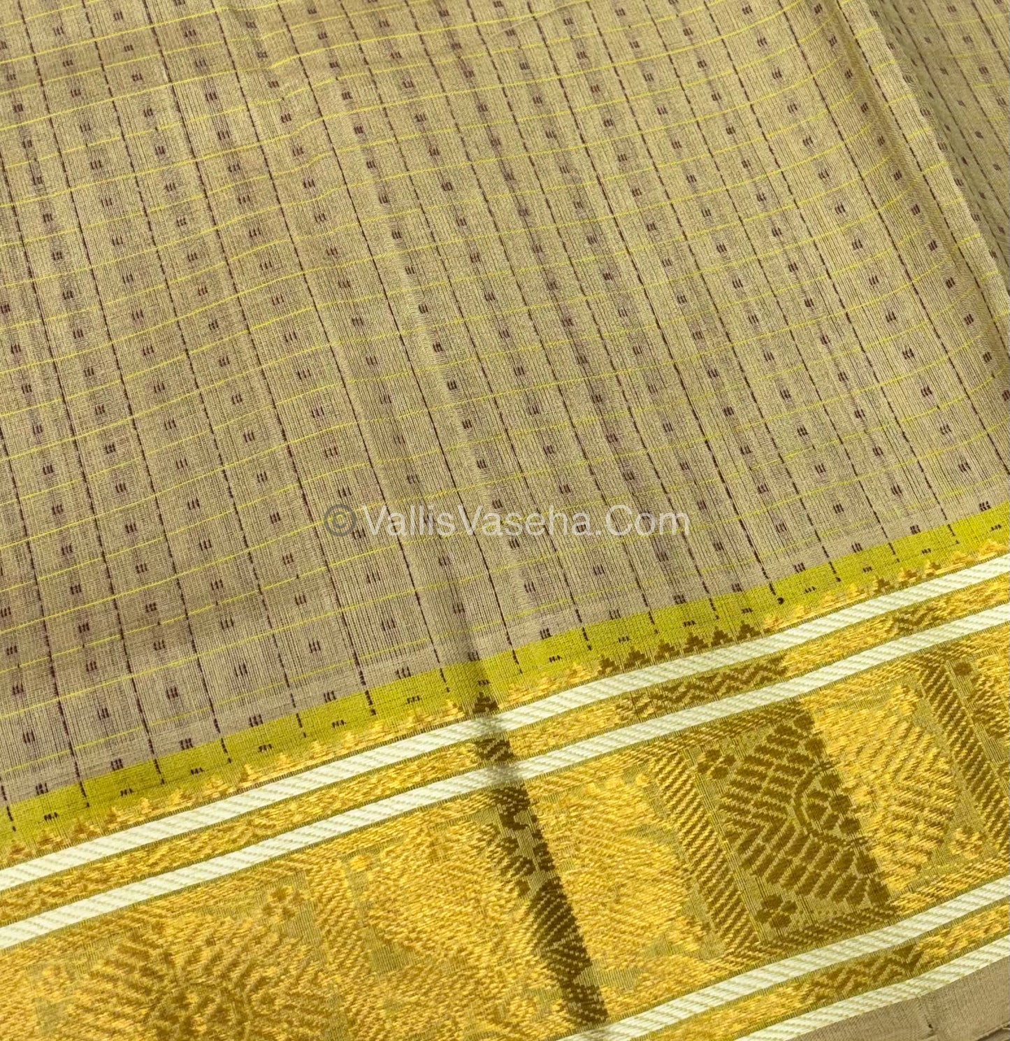 Pure Silk Cotton Saree - Cream With Lemon Yellow Shade - Lakshadeepam Design - VVPLD001