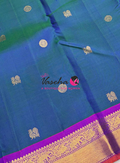 Pure Kanchipuram Silk Saree - Peacock Blue & Purple  Combo - VVPS025