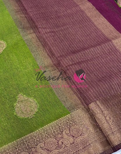 Bamboo Silk Saree- Green with Brown Shade - VVBSS013