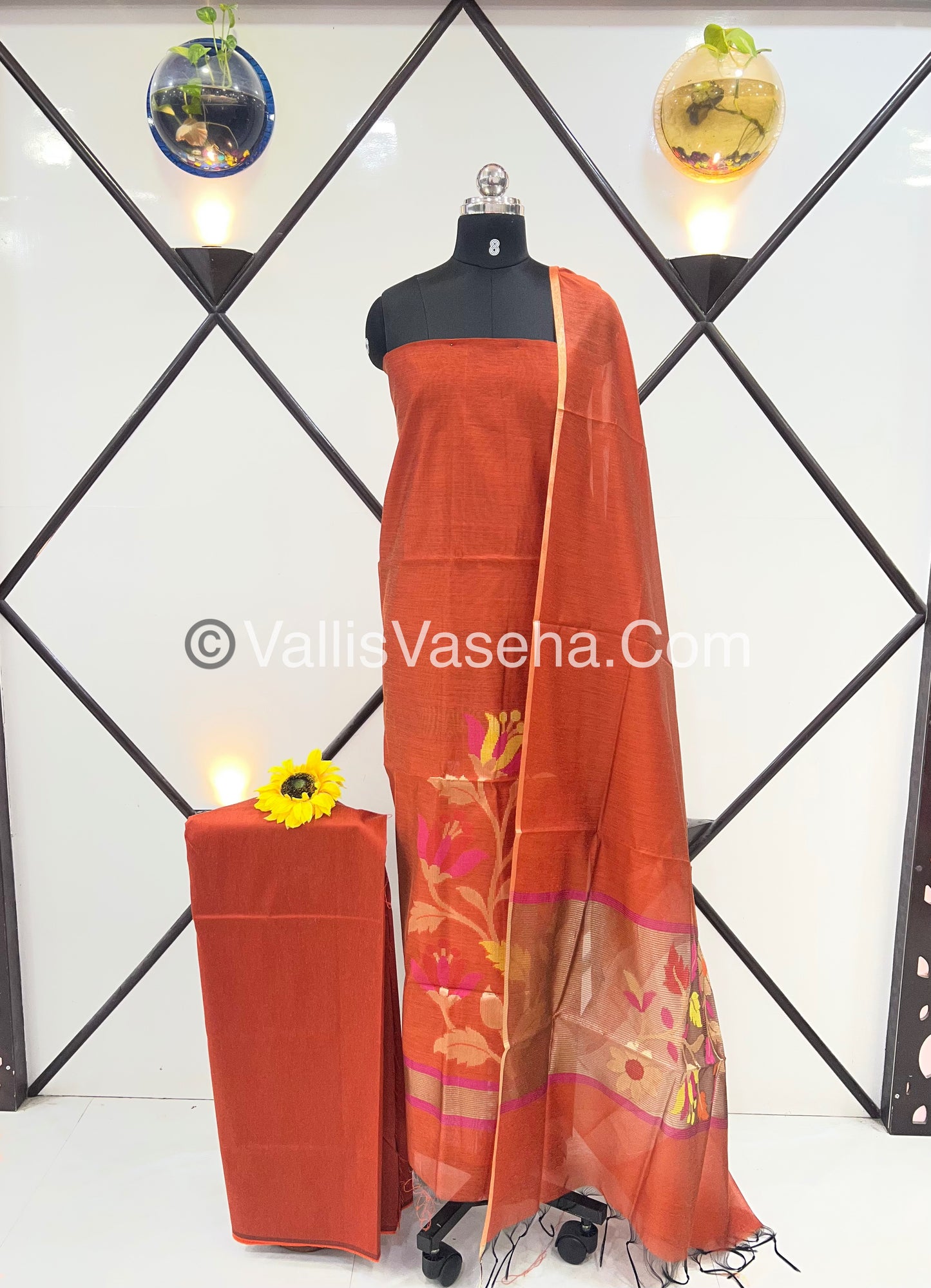 Unstitched Salwar Material - Fancy Cotton - Rust Orange Shade  - VVUSM024