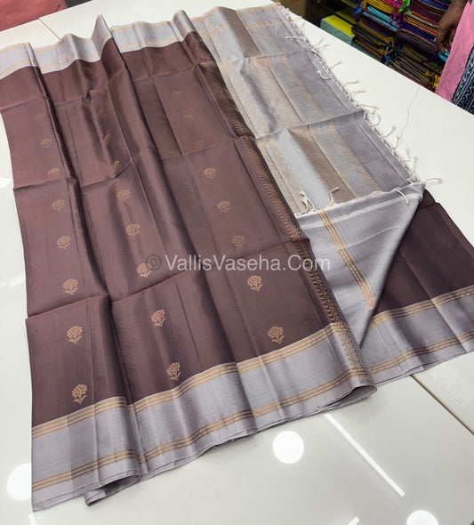 Pure Soft Silk Saree - Kolam Design - Brown & Grey Shade - VVPSS056