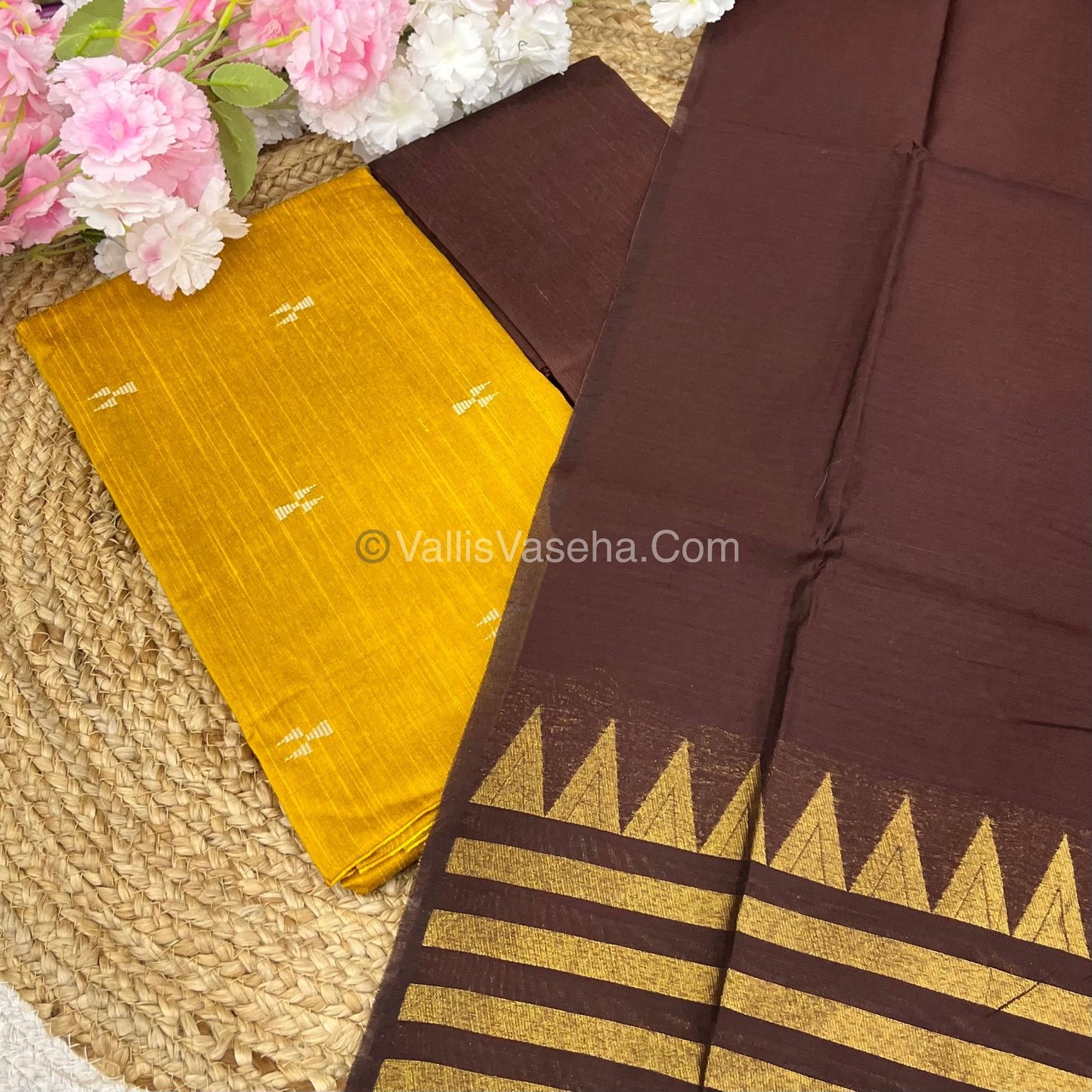 Unstitched Salwar Material -Raw Silk - Yellow with Coffee Brown Shade - VVUSM004