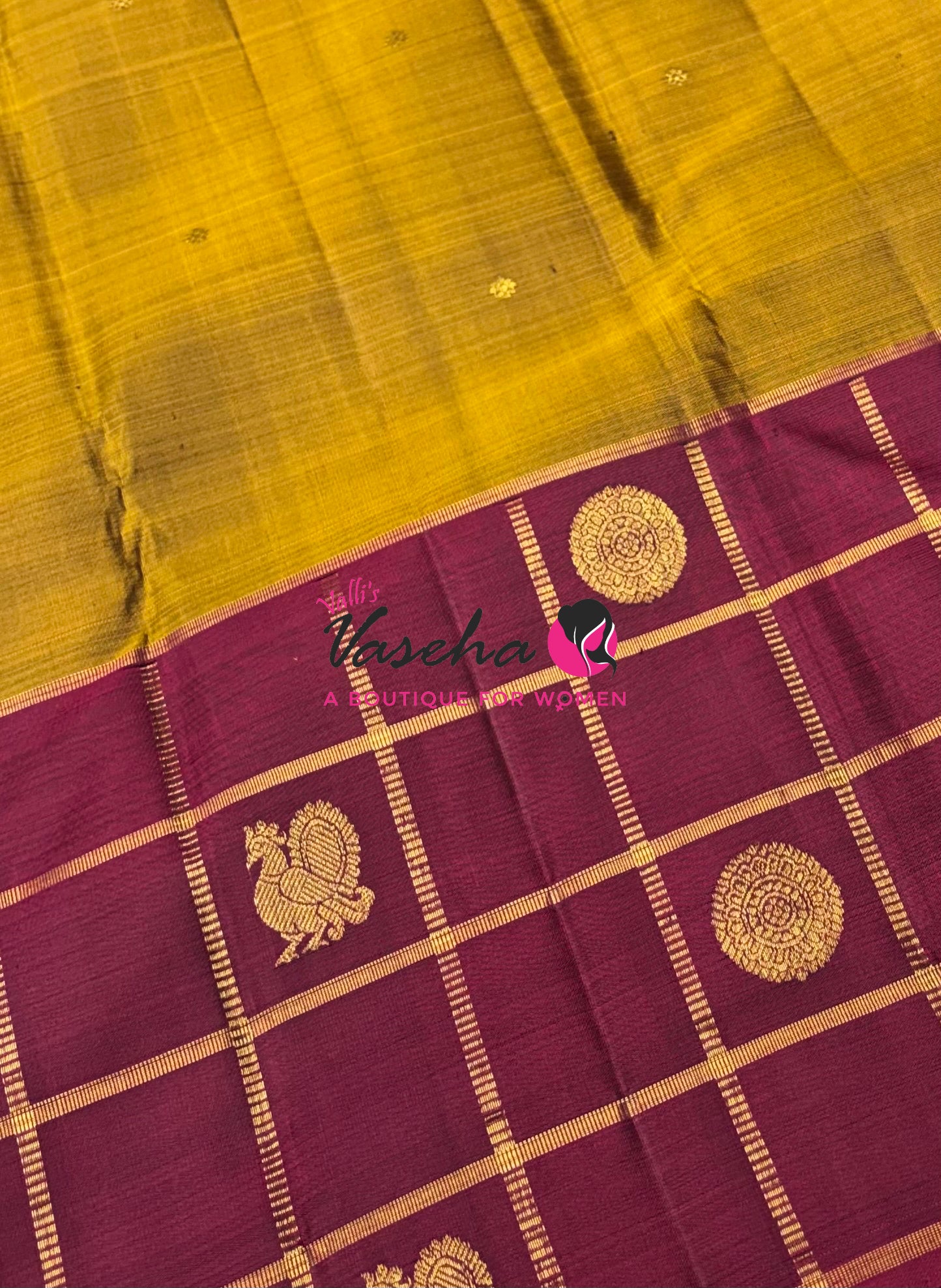 Pure Kanchipuram Silk Saree - Mustard Yellow & Maroon Shade  - VVPS027