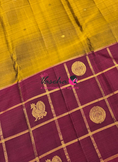 Pure Kanchipuram Silk Saree - Mustard Yellow & Maroon Shade  - VVPS027