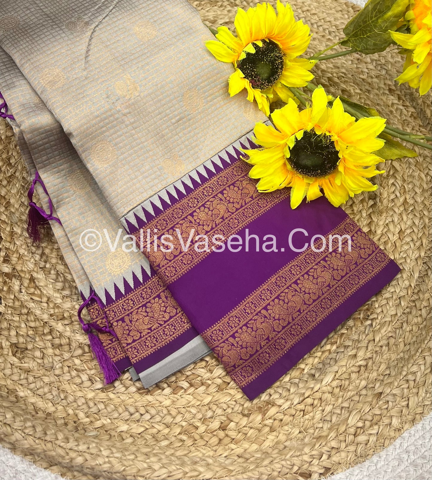 Kanchi Semi Silk With Tassels - Mayil & Chakkaram Design - Creamish Grey with Purple - VVKSS004