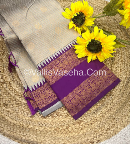 Kanchi Semi Silk With Tassels - Mayil & Chakkaram Design - Creamish Grey with Purple - VVKSS004