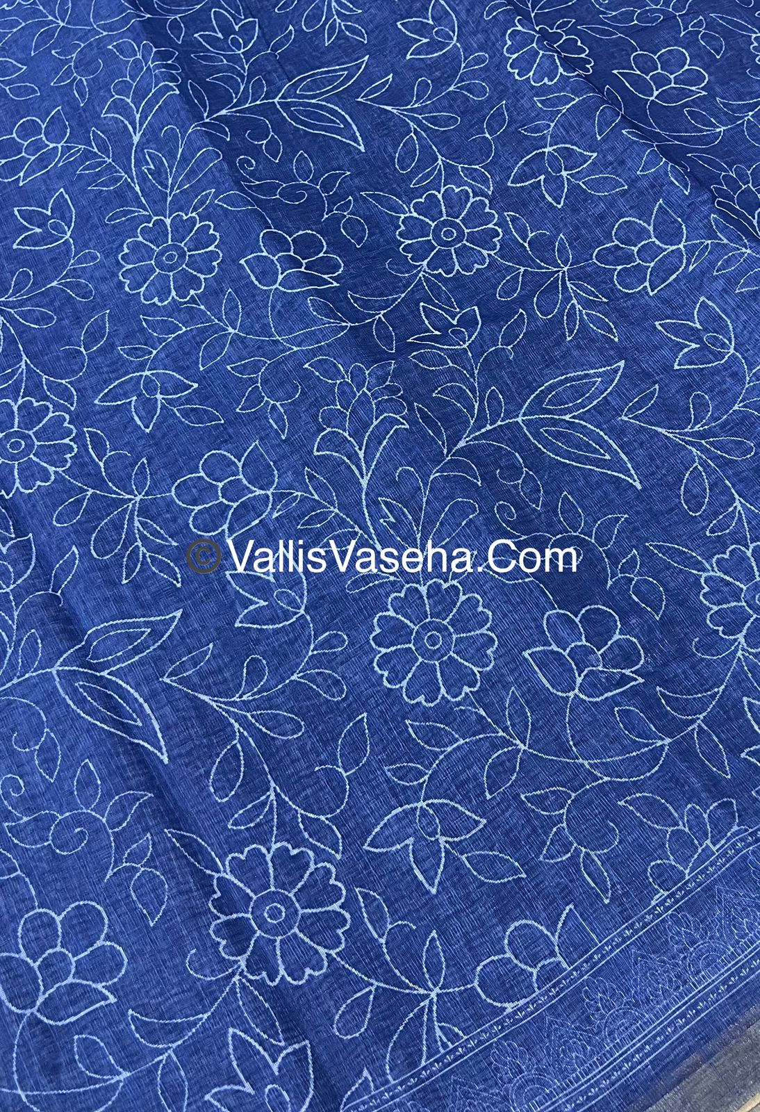 Linen Mixed Cotton Saree - Indigo Blue - Printed - VVLMP001