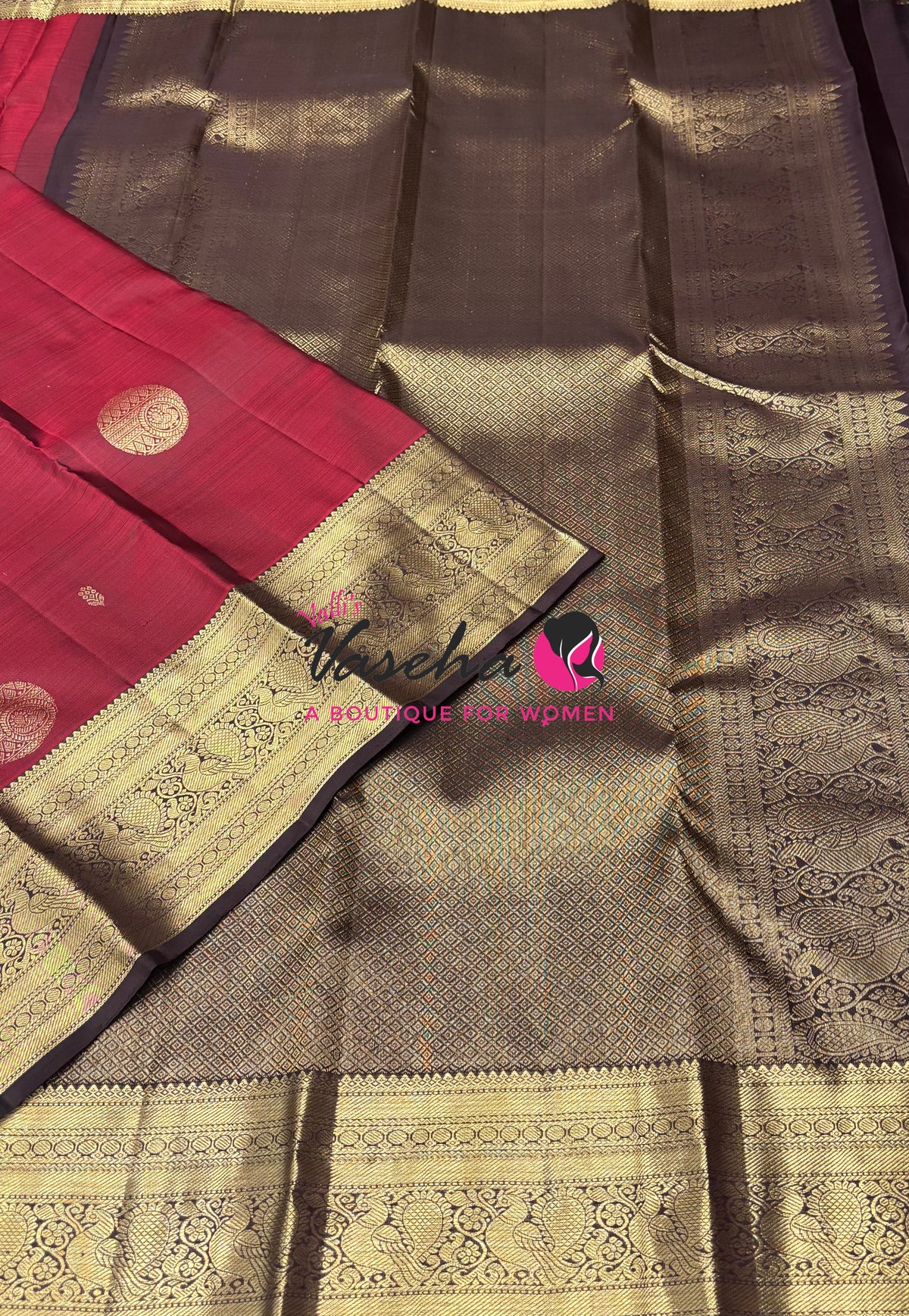 Pure Kanchipuram Silk Saree - Maroon With Brown - VVPS094