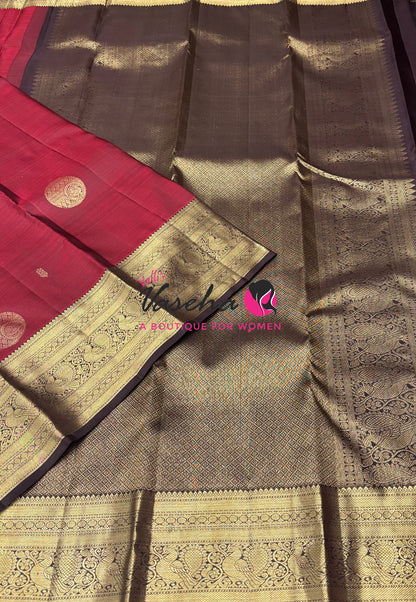 Pure Kanchipuram Silk Saree - Maroon With Brown - VVPS094
