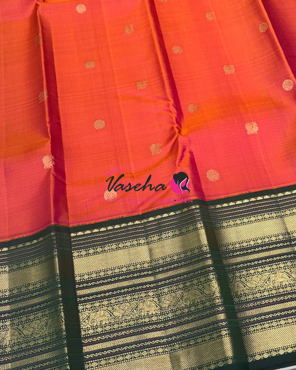 Pure Vintage Korvai Kanchipuram Silk Saree - Orangish Peach With Green - VVPS102