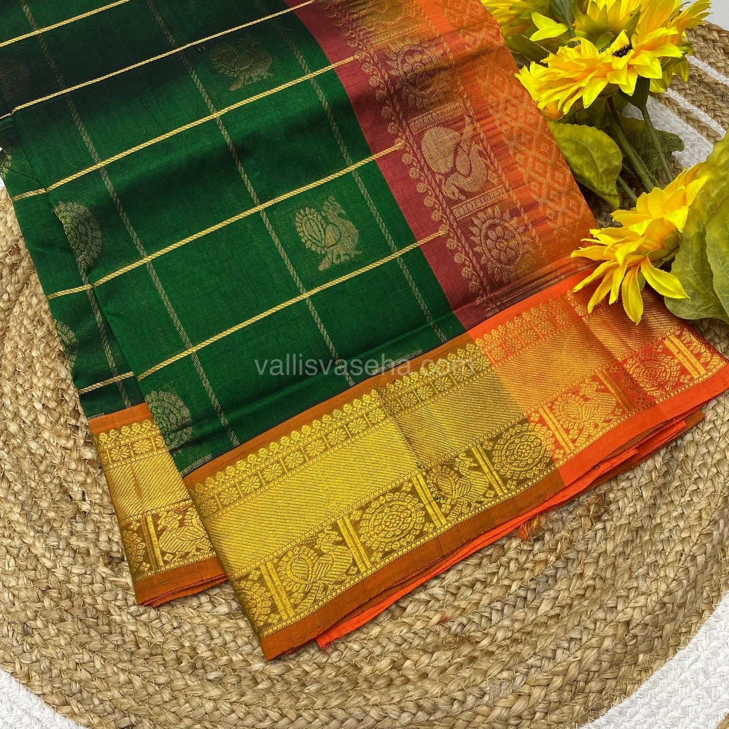 Pure Silk Cotton Saree - Mayil & Chakkaram Design - Green with Orange - VVMC001