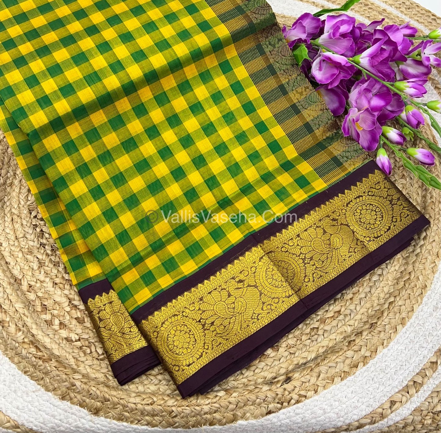 Pure Korvai Silk Cotton With Retta Petta Border - Green & Yellow kattam pattern with Wine Brown - VVKSC003