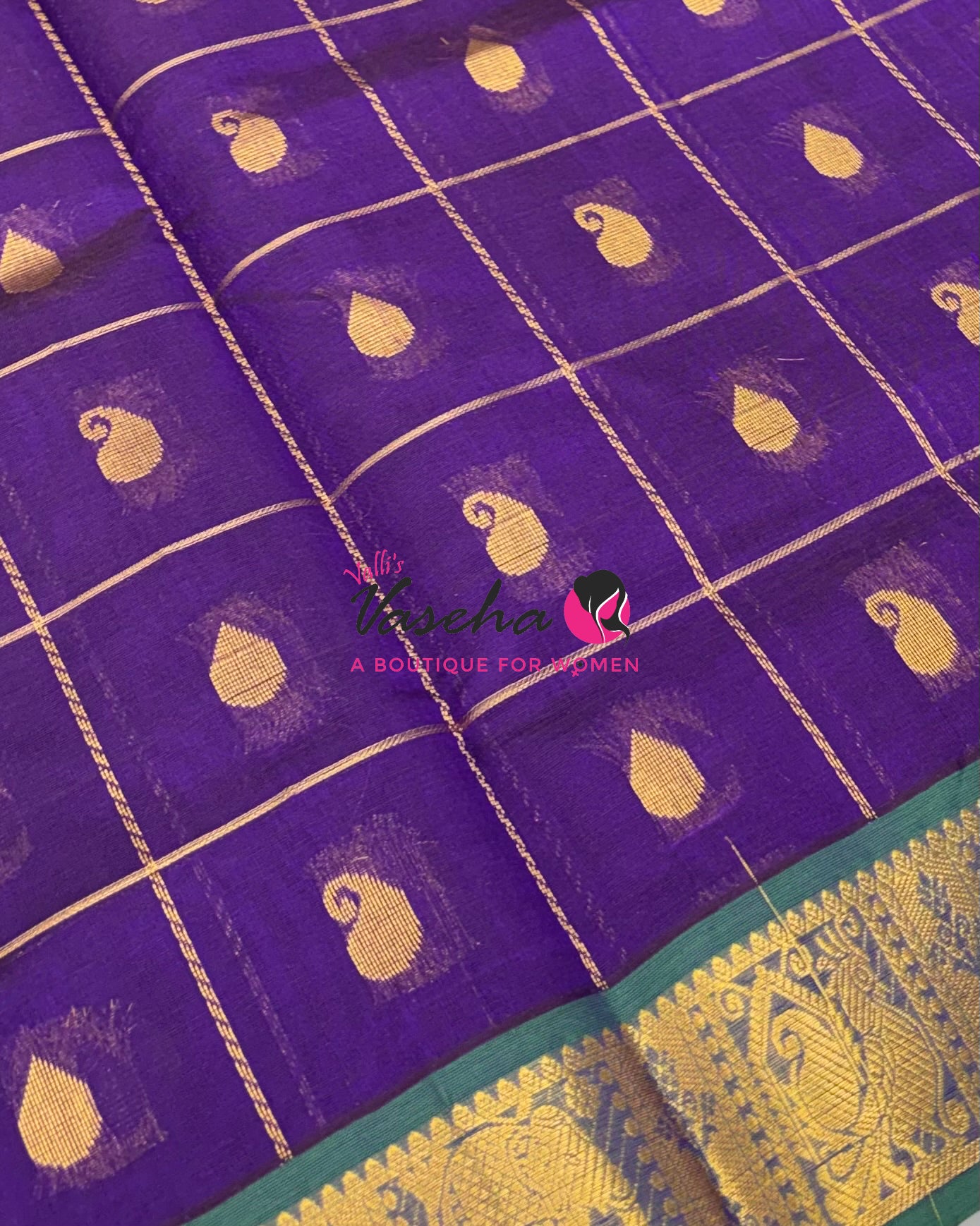 Pure silk  Cotton Saree - Checked Pattern with Butta - Purple & Green Shade - VVSCC005
