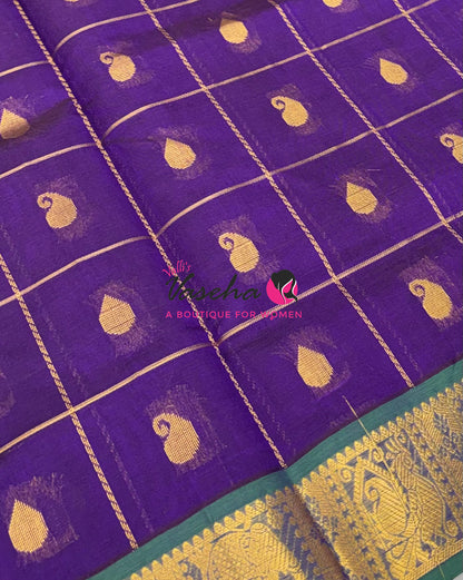 Pure silk  Cotton Saree - Checked Pattern with Butta - Purple & Green Shade - VVSCC005