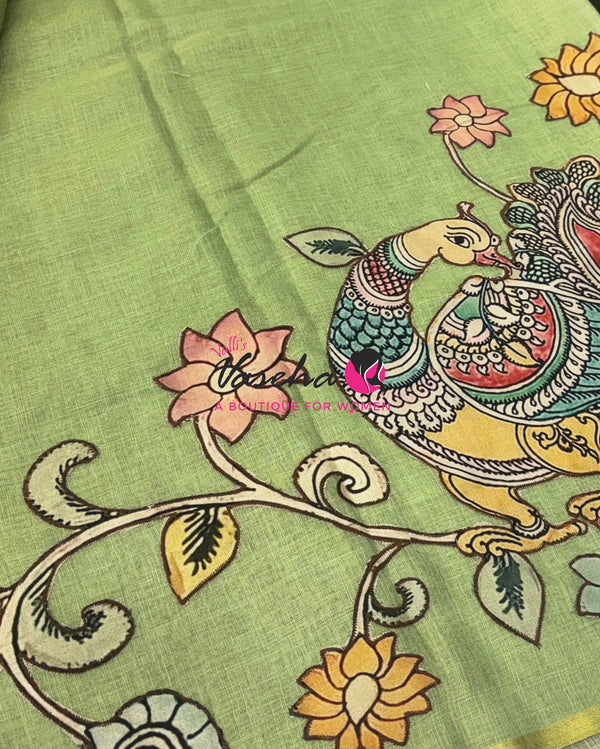 Linen Appliqué Work Saree -  Green  Shade - VVLAS001