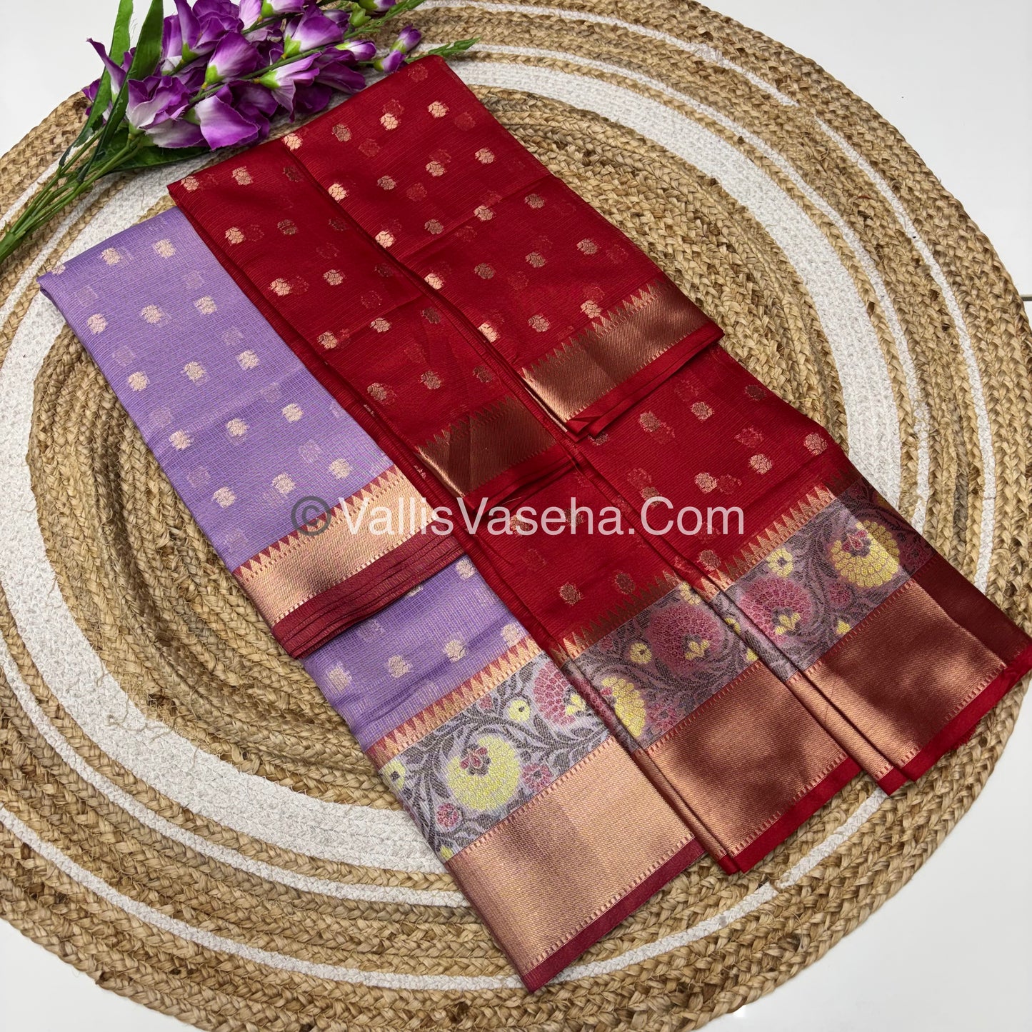 Unstitched - Lehenga Material - Zari Kota Tissue - Lavender & Red - VVULM001