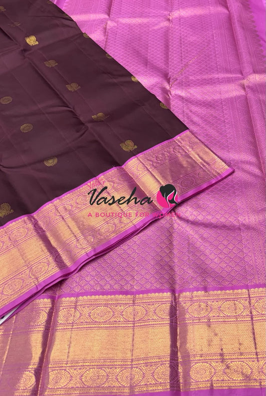 Pure Kanchipuram Silk Saree   - Brown & Pink Combo - VVPS059