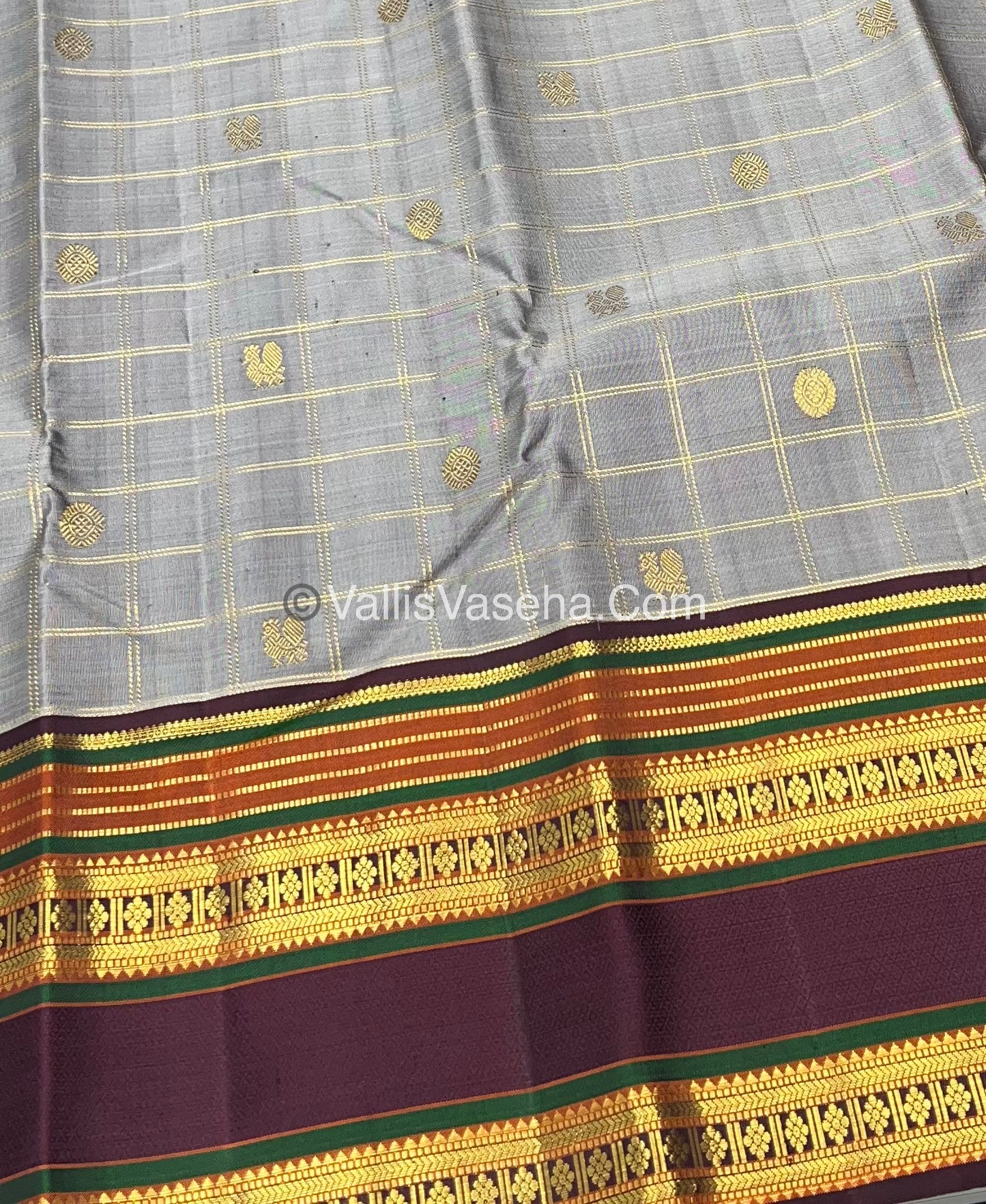 Pure Vintage Korvai Kanchipuram Silk Saree - Grey & Wine Brown Combo - VVPS022
