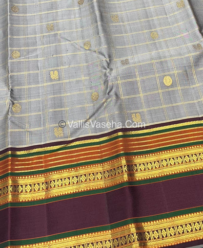 Pure Vintage Korvai Kanchipuram Silk Saree - Grey & Wine Brown Combo - VVPS022