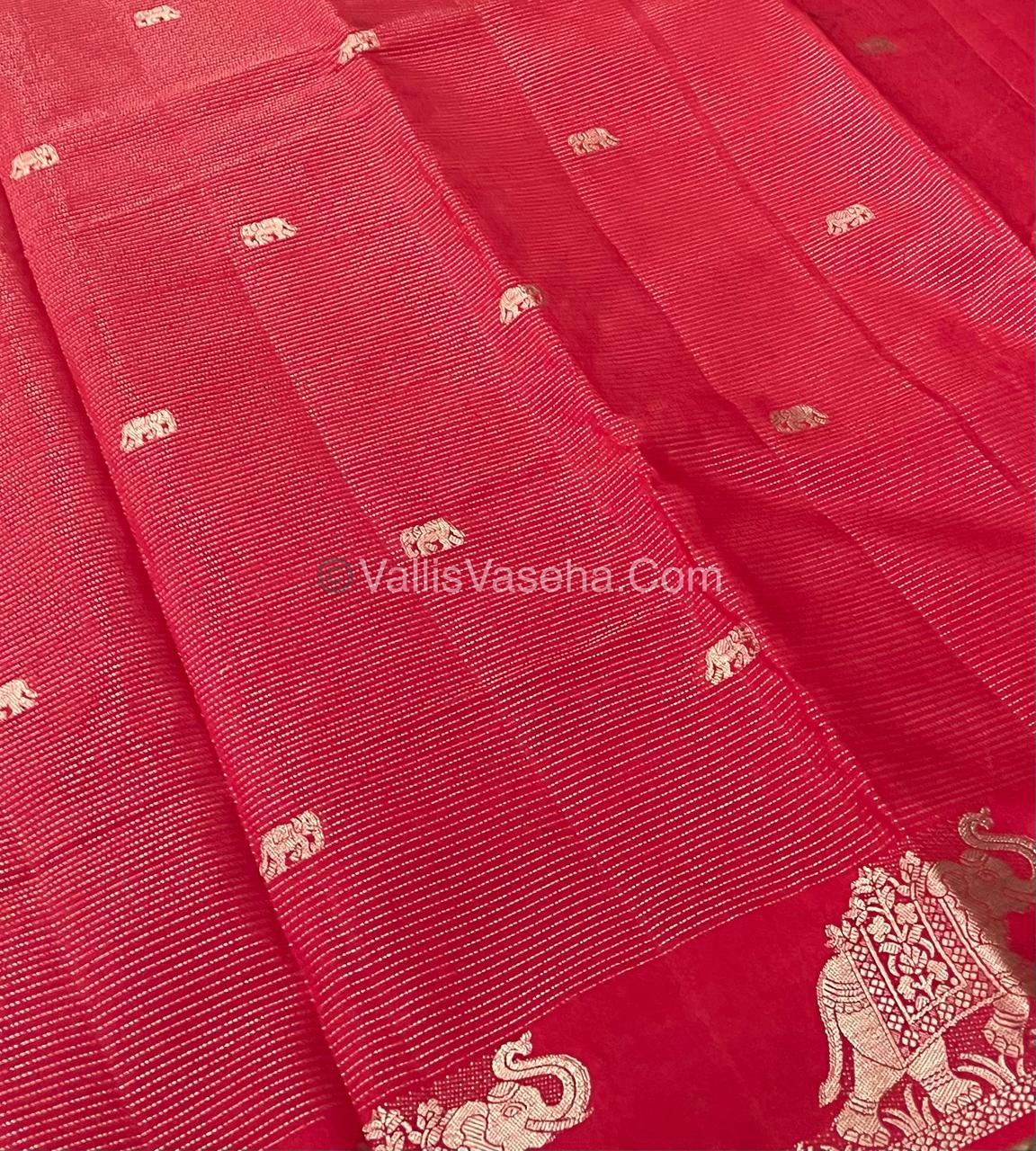 Semi Tussar Silk - Vairavoosi & Elephant Design - Red shade-VVSTS019