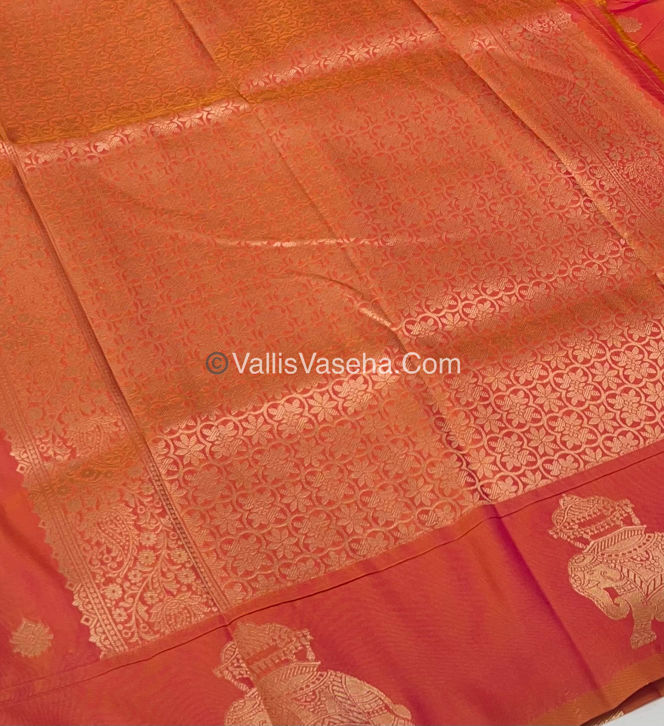 Semi Soft Silk - Elephant Butta Border - Peachish Orange Shade -VVSSS011