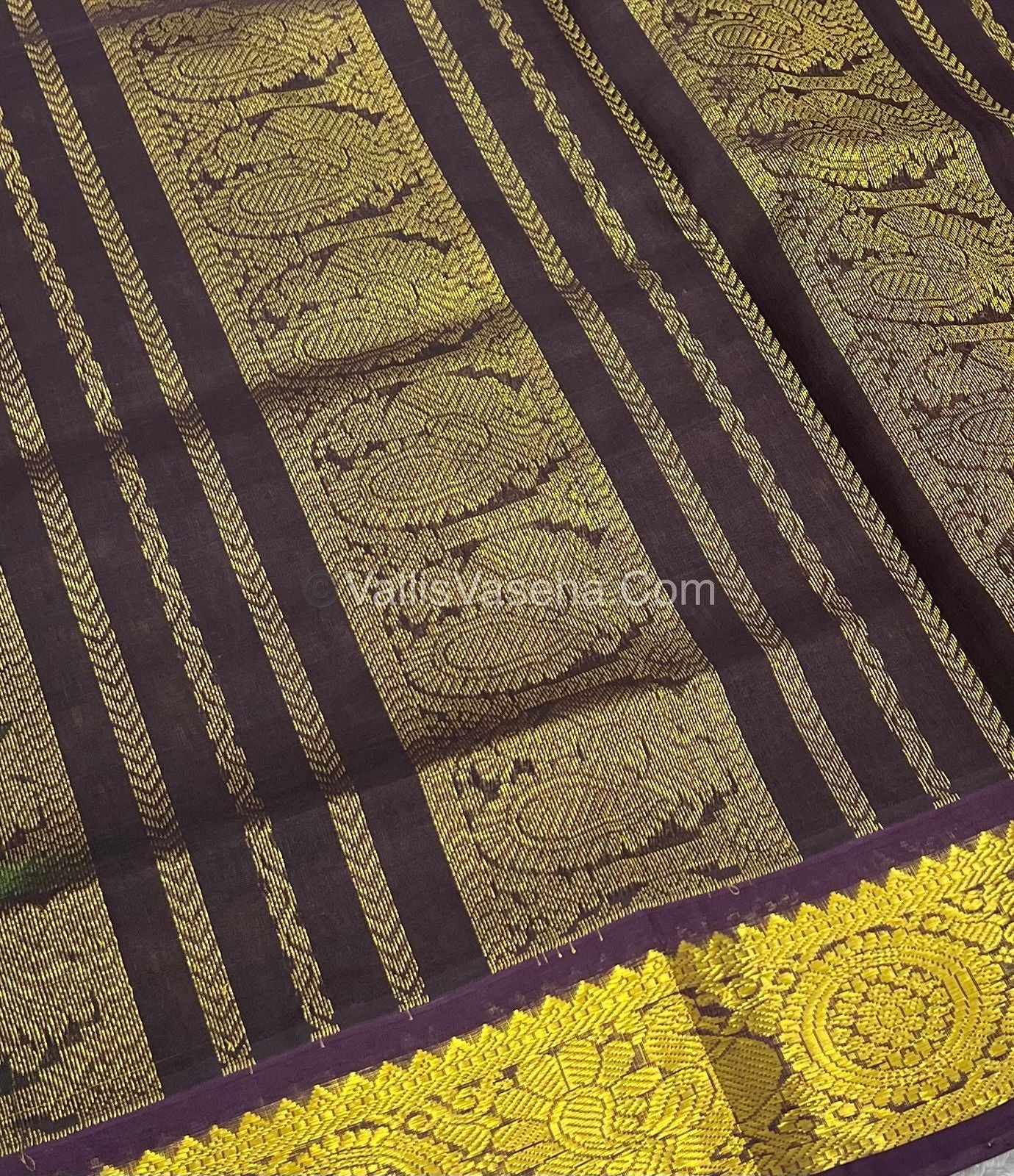 Pure Korvai Silk Cotton With Retta Petta Border - Green & Yellow kattam pattern with Wine Brown - VVKSC003