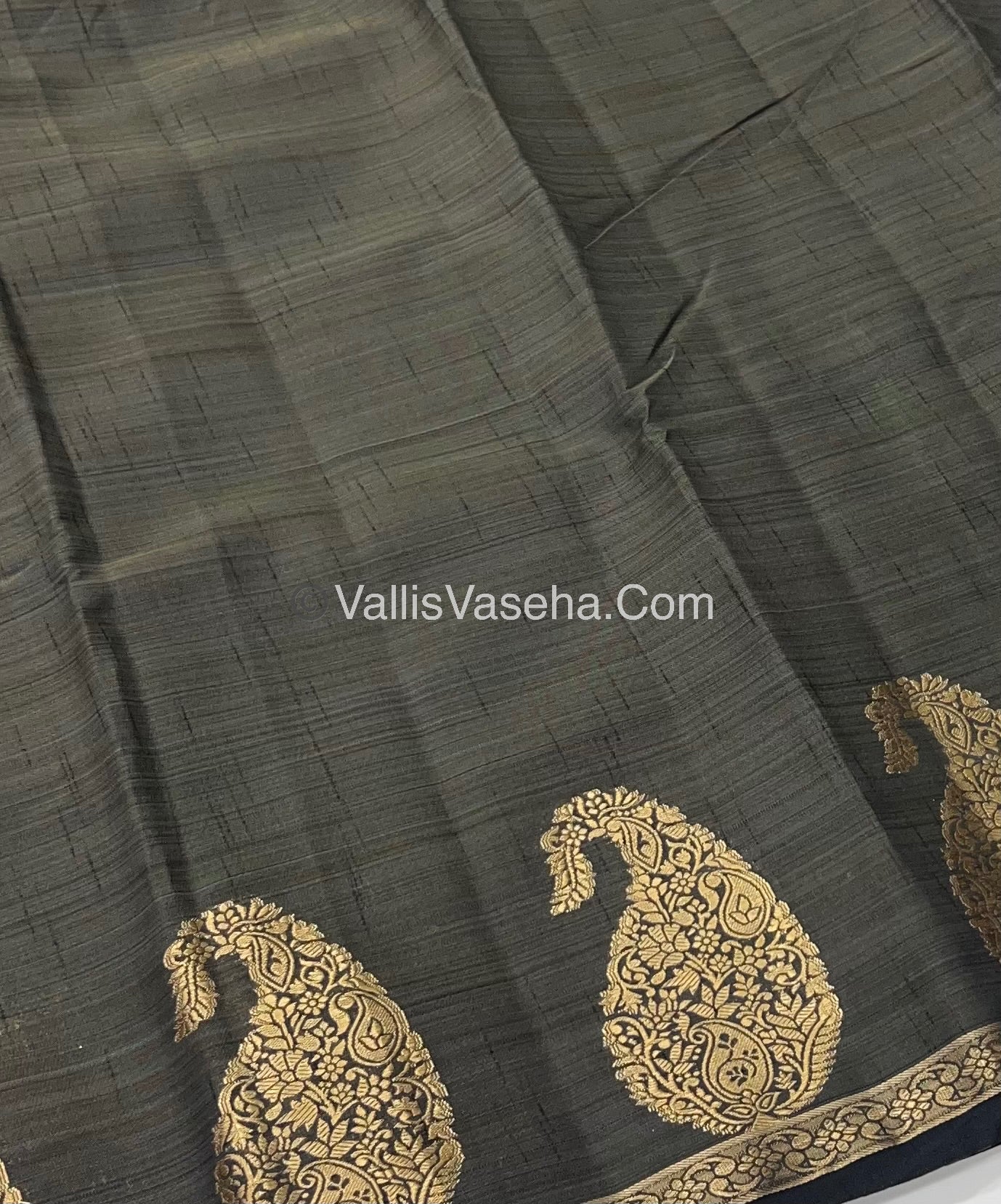 Semi Tussar Silk  - Black Shade - Small Mango Butta - VVSTS002