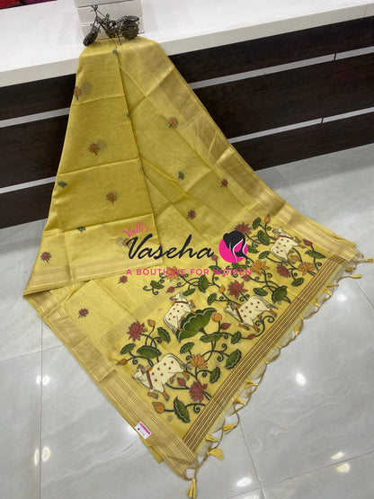 Muga Tissue Linen Saree - Yellow Shade - VVMLT003