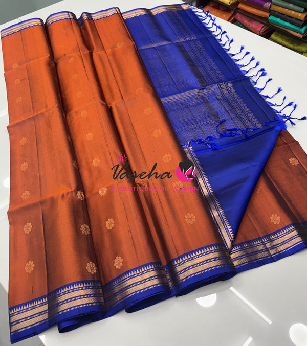 Pure Soft Silk Saree  - Rust Orange With Blue Combo - VVPSS150