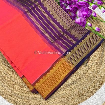 Semi Silk Cotton Saree -  Peachish With Purple Shade - VVSSC008