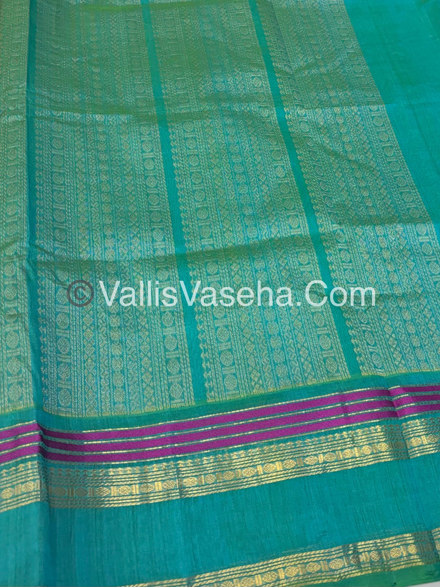 Pure Silk Cotton Saree - Retta Petta Border - Turquoise Bluish Green Shade - VVPSC001