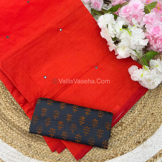 South Mixed Cotton - Mirror Work Embroidery - Orange with Grey - VVPCM002