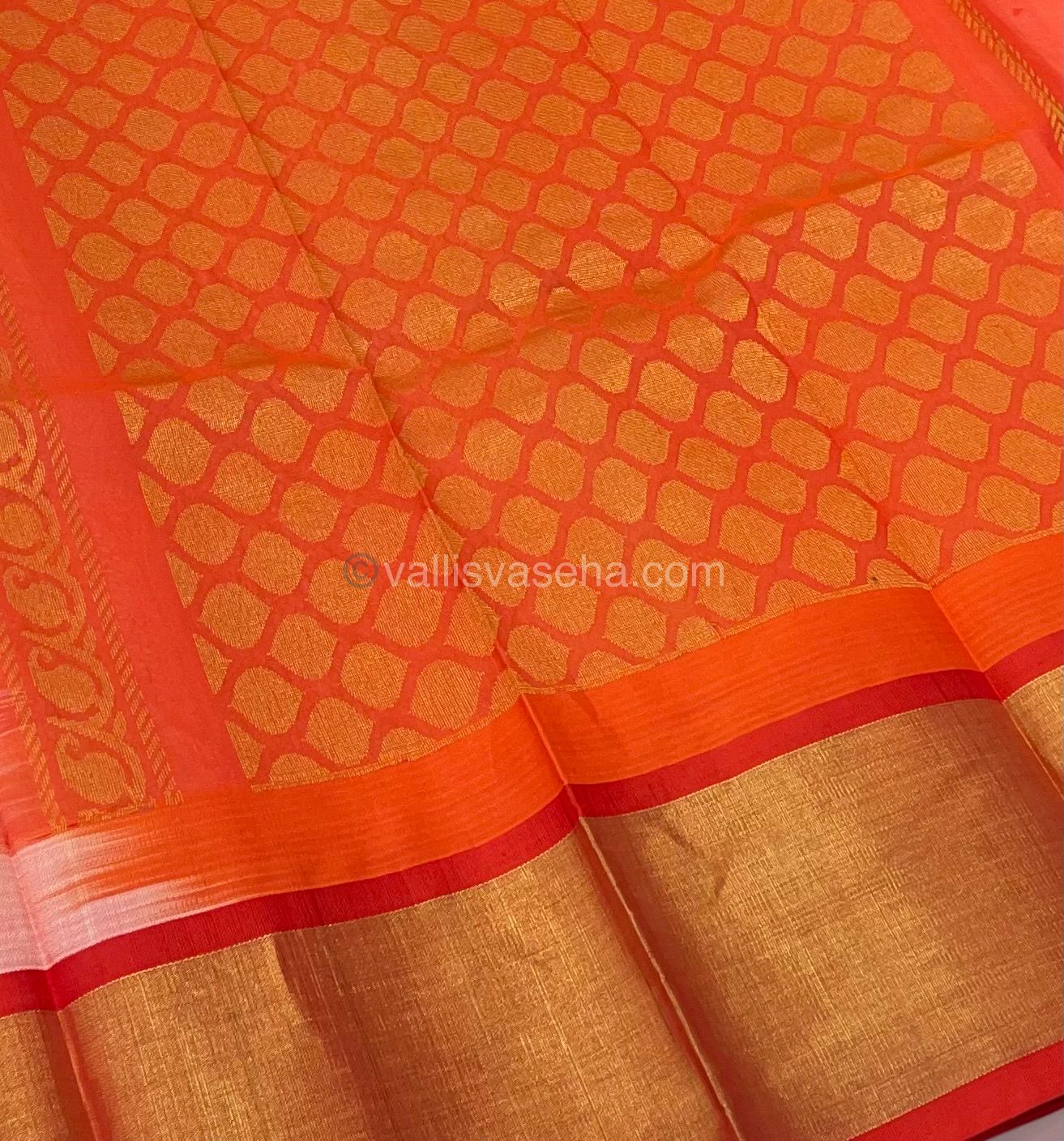 Pure Korvai Silk Cotton Saree - Half White with Orange & Pink Combo - Ganga Jamuna With Temple border - VVKSC001